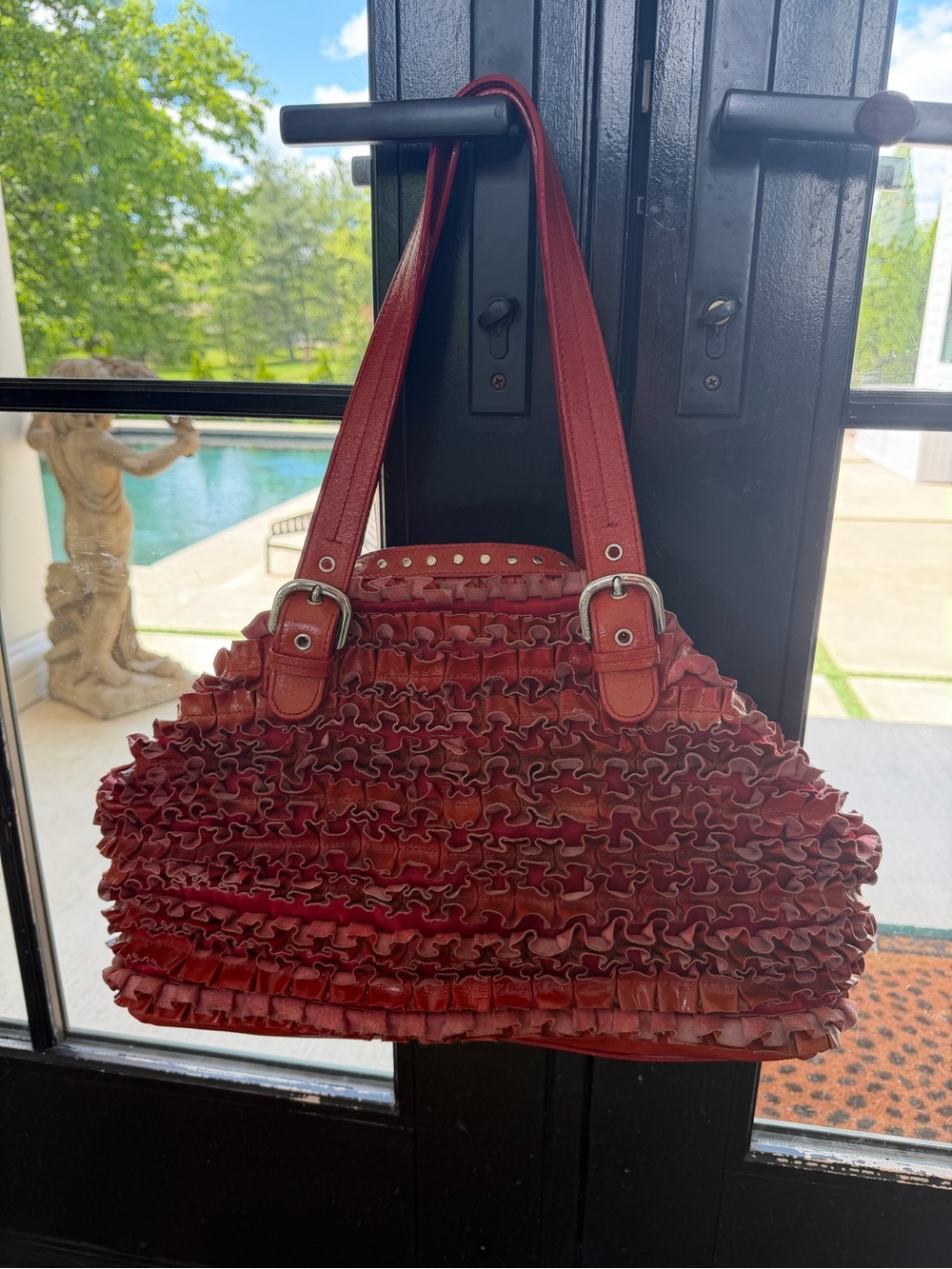 Red Ruffle-Detail Shoulder Bag with Double Straps